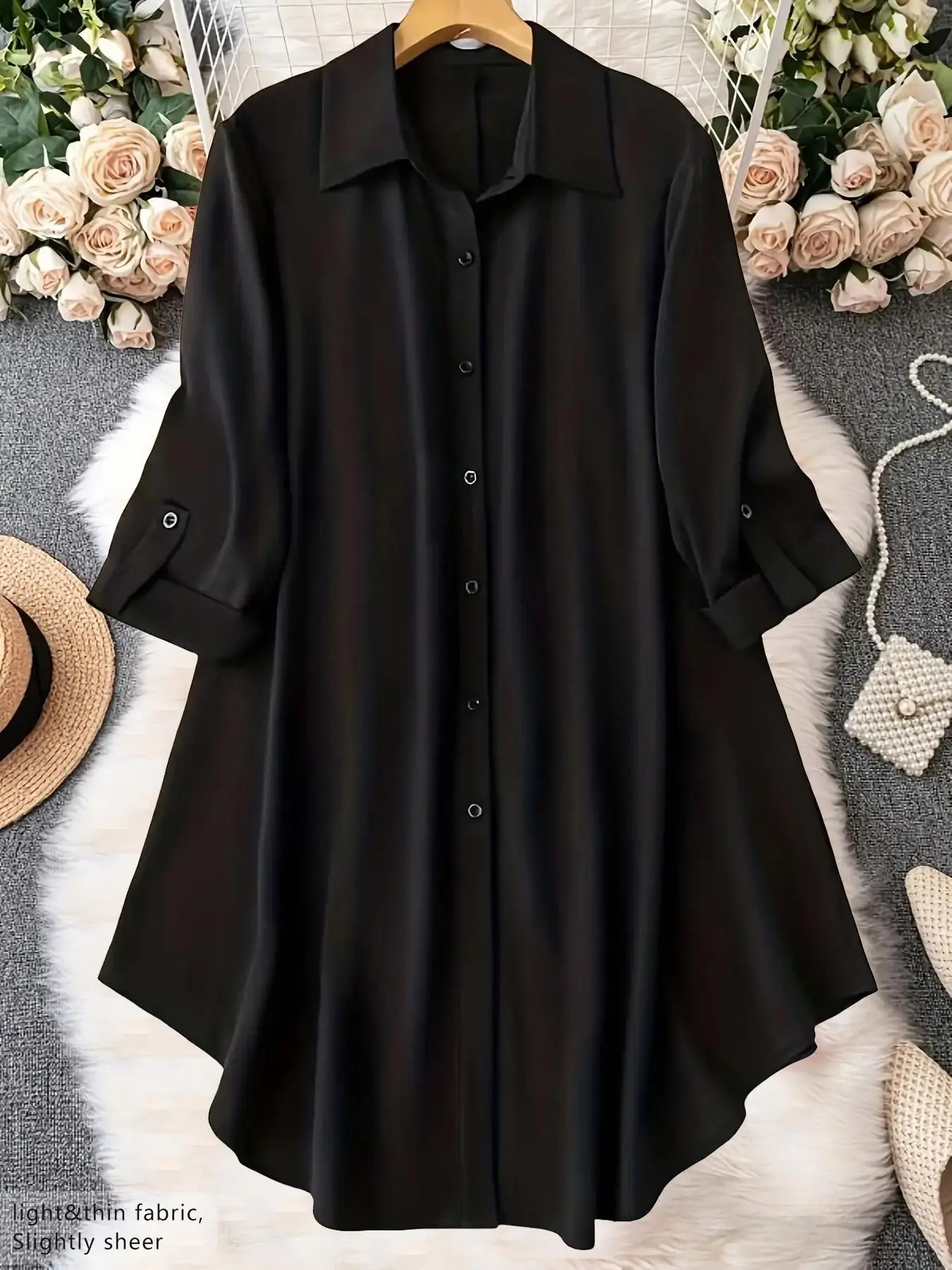 【Black Friday】Women’s Plus-Size Solid-Color Long-Sleeve Button-Front Shirt, Casual Collared Top for Spring & Fall and Daily Wear