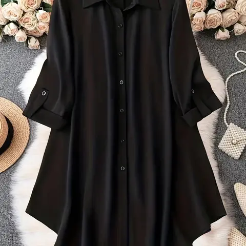 Plus Solid Long Sleeve Button Front Shirt, Casual Collared Button Up Top for Spring & Fall, Women's Clothes for Daily Wear, National Day Clothing