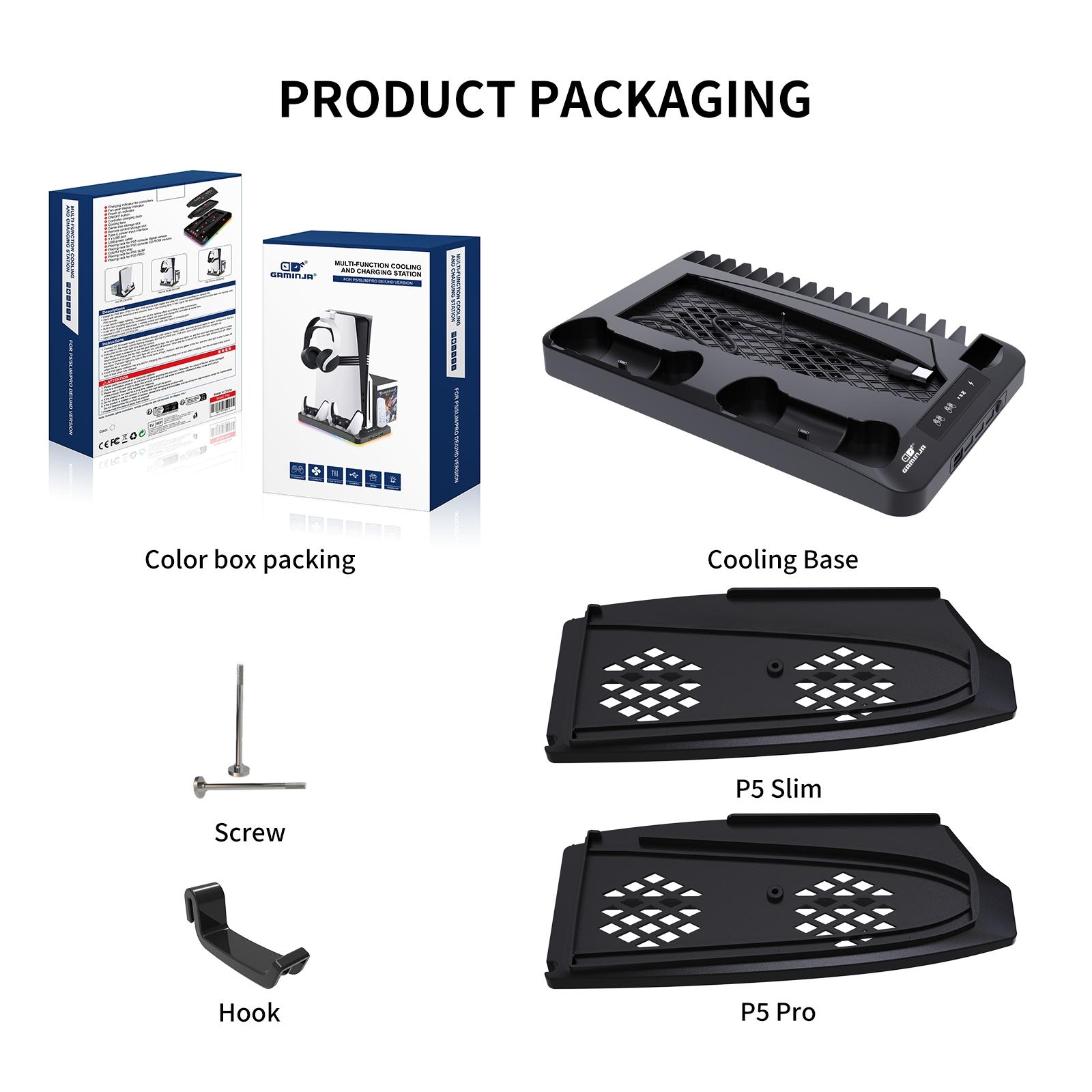 GAMINJA P58 Charging Base Cooling Bracket Compatible With PS5 Console, Vertical Stand Cooling Fan, Multi-functional Cooling & Charging Station for PS5 Slim Pro All Model Universal