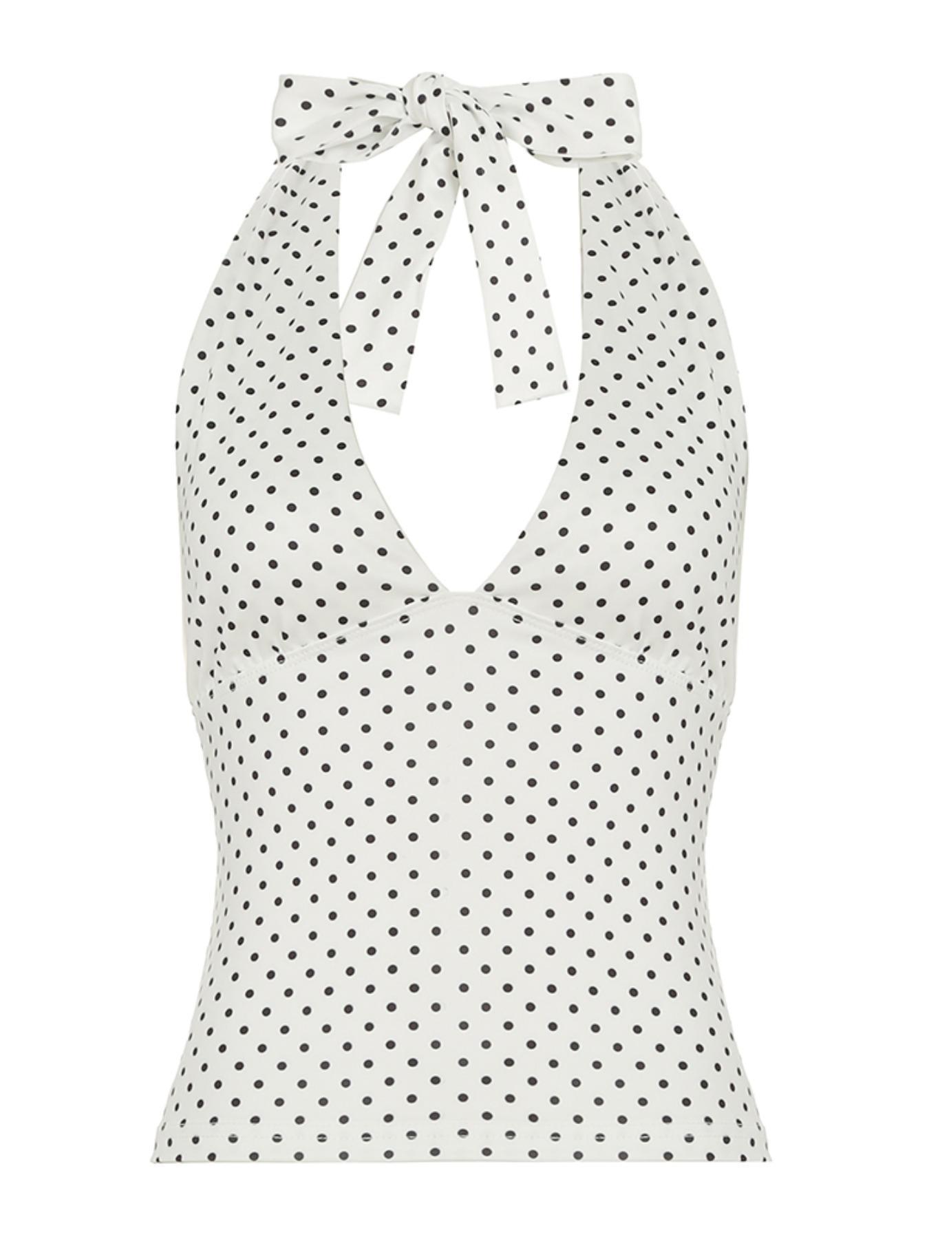 Women's Polka Dot Print Halter Neck Top, Casual Sleeveless Top for Summer, Women's Clothing for Daily Wear, Plunge Neck Top