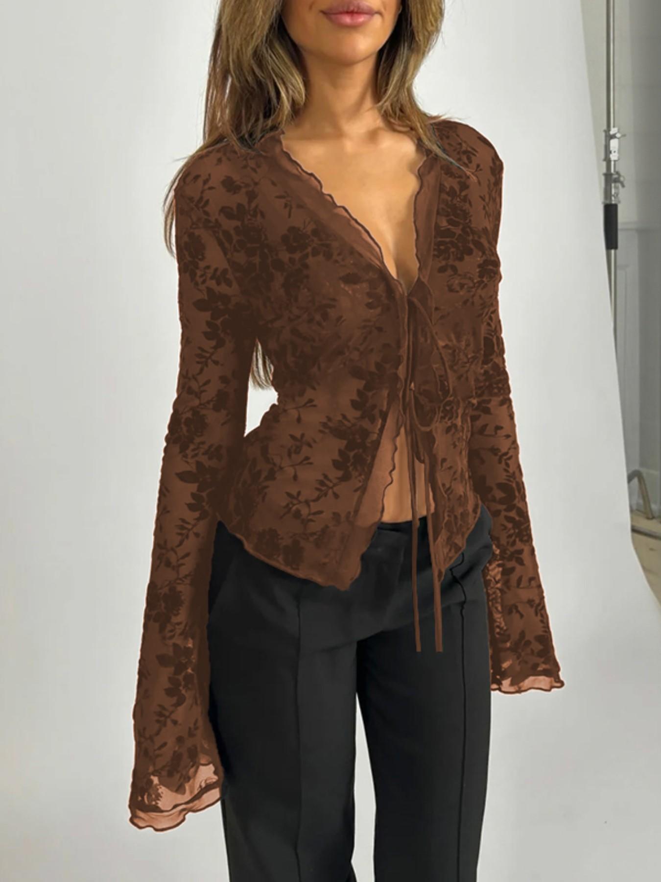 Women's Plain Ruffled Bell Sleeve Top, Sexy Slim-Fitting Graphic Blouse, Fall Fashion, Women's Casual Wear, Stylish and Comfortable