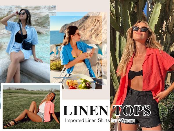 Linen Shirts for Women Cotton Button Down Short Sleeve Loose Fit Collared Casual Work Summer Blouse Tops Basic Lady Breathable Essential Fabric Fashion Formal Beach Cover
