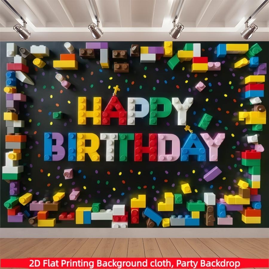Colorful Building Blocks Birthday Banner -2D Flat Polyester Party Background Decoration with Balloon and Snowflake Design, Suitable for Living Room, Bedroom, Office, Birthday, Anniversary and Home Decoration, Outdoor and Indoor Parties