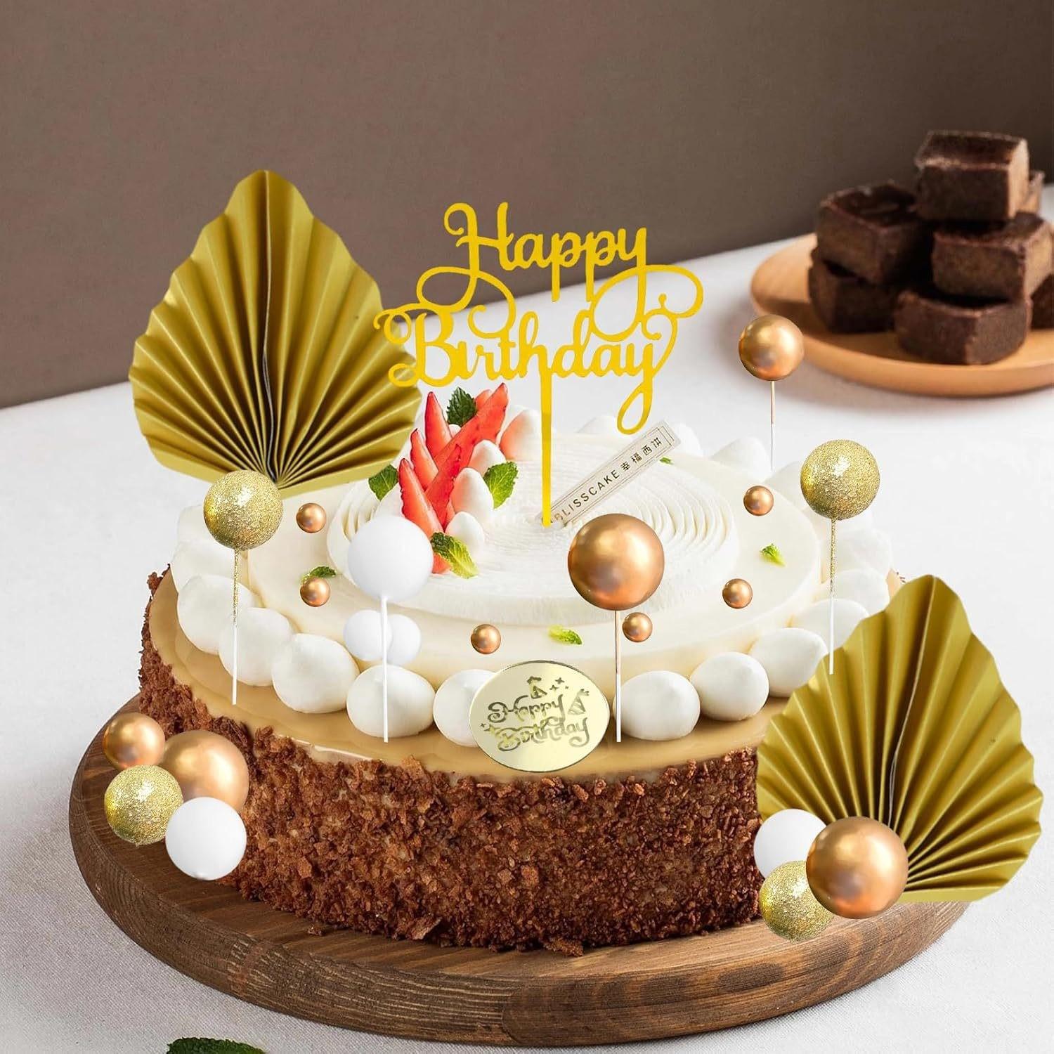 32 Paper Fan Cake Decorations, Baking Cake Decor, Gold Foam Ball Decorations, Birthday Cake Decorations
