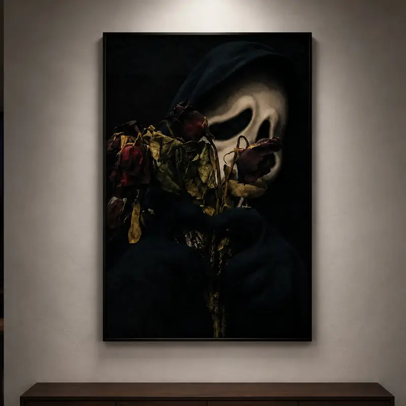 Ghostface Scream-Inspired Canvas Art Print, Minimalist Retro Eerie Horror Decor with Withered Roses and a Hooded Figure, Wall Poster for Bedroom and Living Room, Gift for Horror Fans, Gothic Art, Halloween Decor, Dark Art, Spooky Decor, Movie Poster