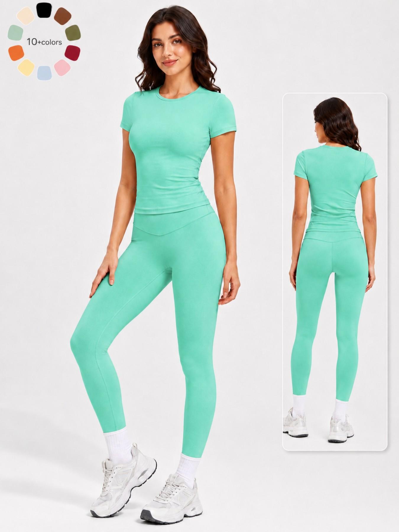 Women's 2-Piece Athletic Workout Set, Short-Sleeve Round-Neck Slim-Fit Crop Tee & High-Rise V-Front Yoga Leggings, Casual Running Gym Activewear Yoga Sportswear Set for Daily Wear