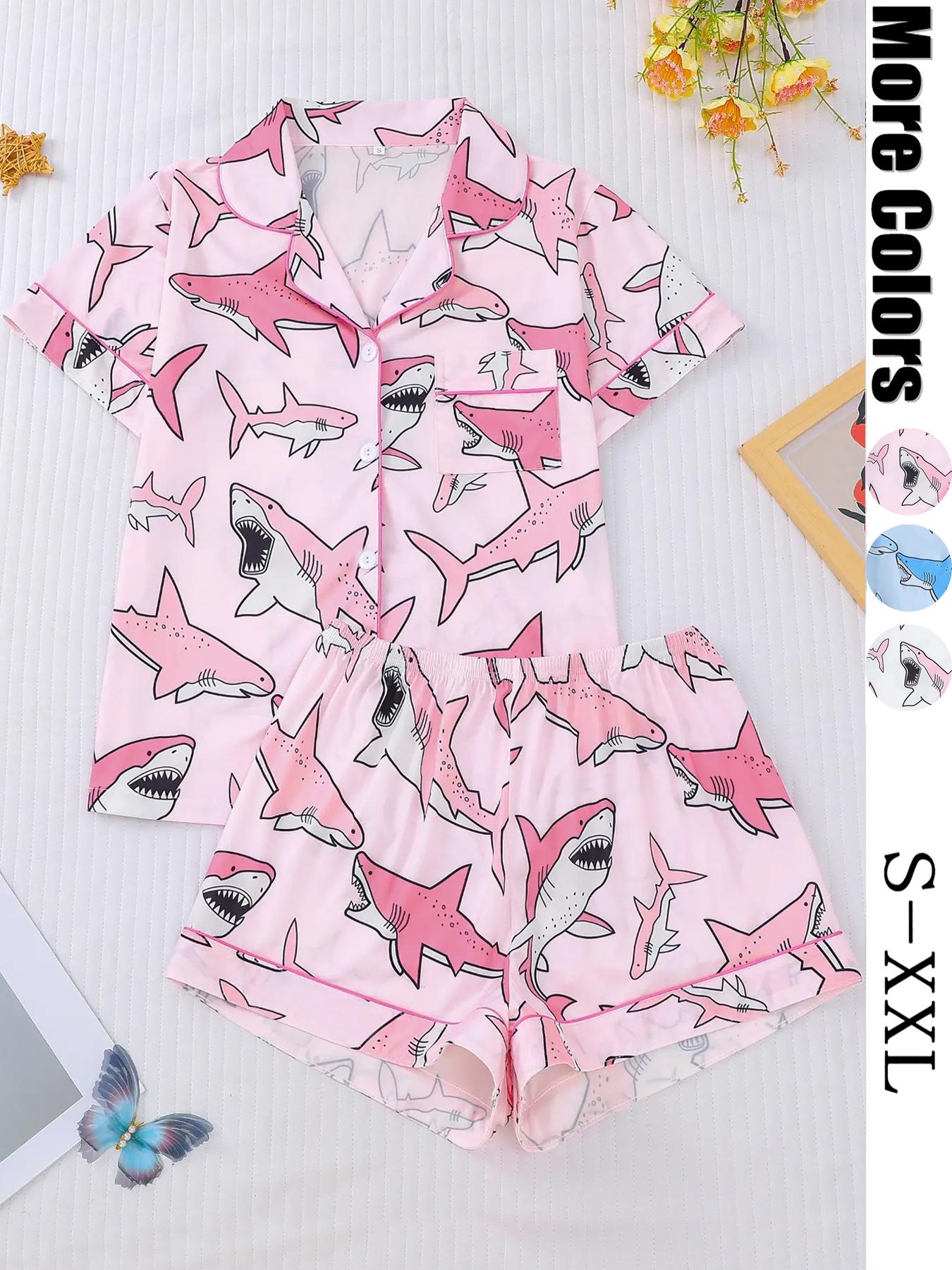 Women's All Over Animal Print Crop Shirt & Elastic Waist Shorts Pyjama Two-piece Set, Casual Comfy Short Sleeve Top & Shorts Pj Set, Ladies Sleepwear for All Seasons