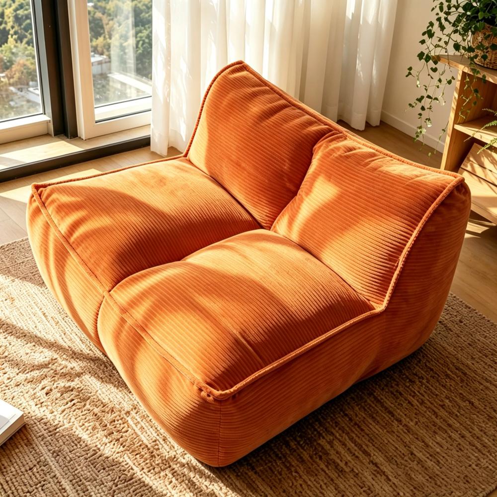 Modern Togo Caterpillar 1-Person Casual Rectangle Mini Sofa for Adults, 35.00x40.00x28.00 inches (35x40x28"), Corduroy Fabric, 40 lbs Slouchy Lazy Couch, No Assembly Required, Cozy Living Room-Bedroom Sofa, Orange, 30 Days for Quality Issues