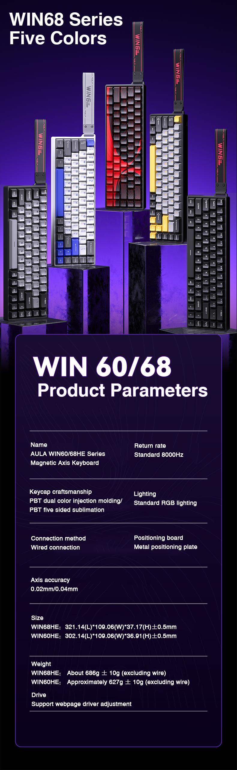 AULA WIN60/68 HE Hall Effect Magnetic Switch Gaming Keyboard, Adjustable Actuation, 0.3ms Latency, 8000Hz Polling, Hot-Swappable, RGB Backlighting, 65% Compact Wired Keyboard with Detachable Cable AULA WIN60/68 HE Hall Effect Magnetic Switch Gaming Keyboard, Adjustable Actuation, 0.3ms Latency, 8000Hz Polling, Hot-Swappable, RGB Backlighting, 65% Compact Wired Keyboard with Detachable Cable