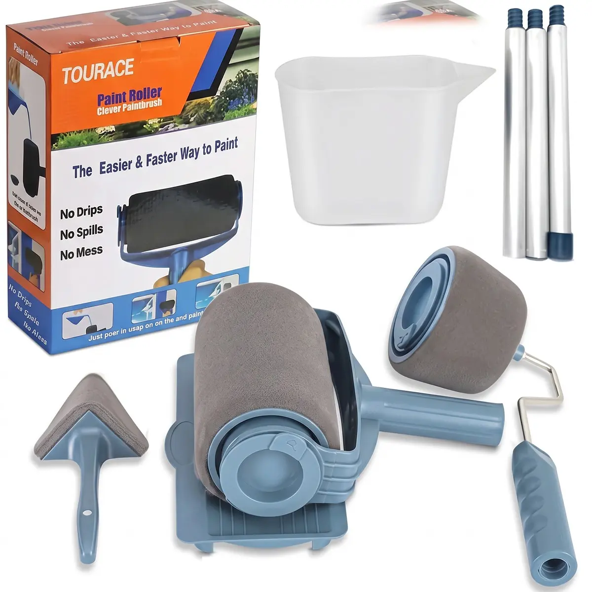 8pcs TouRace Paint Roller Set with Stick, Paint Roller Kit for DIY Room Makeover, Includes No-Drip Tray and 2 Precision Edging Tools, Perfect for Smooth Wall Painting and Home Renovation