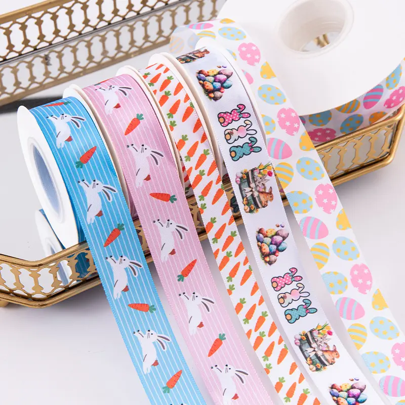 Easter Themed Ribbon with Egg Bunny Carrot Designs Perfect for Gift Box Wrapping Party Favors and Holiday Decorations for Kids