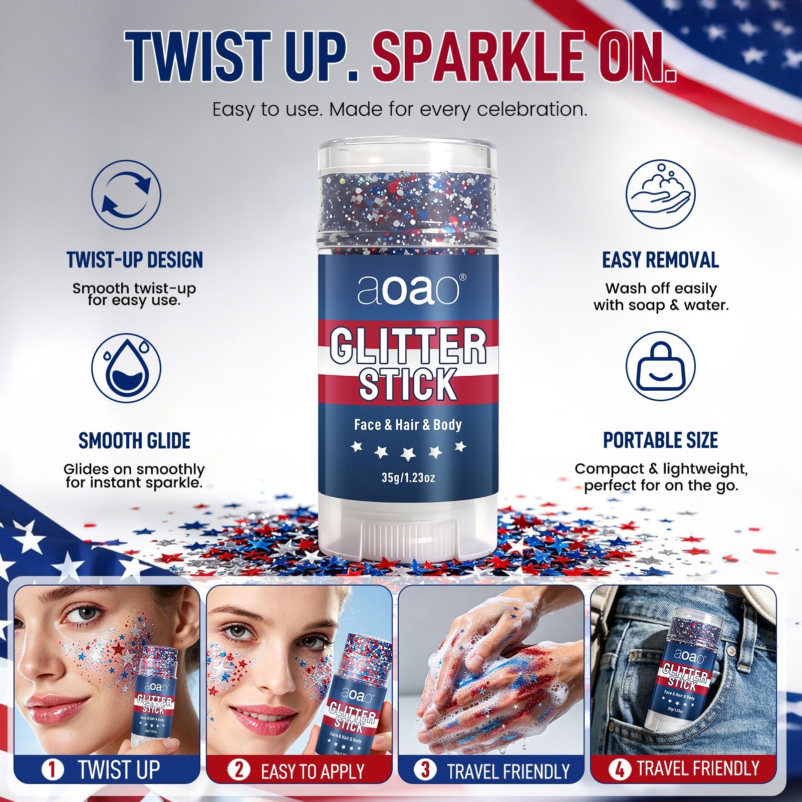 July 4th Glitter Stick, Blue Body and Hair Glitter, Perfect for Independence Day Party, Holiday Makeup, Football World Cup USA Makeup，World Cup Usa Team Glitter Stick