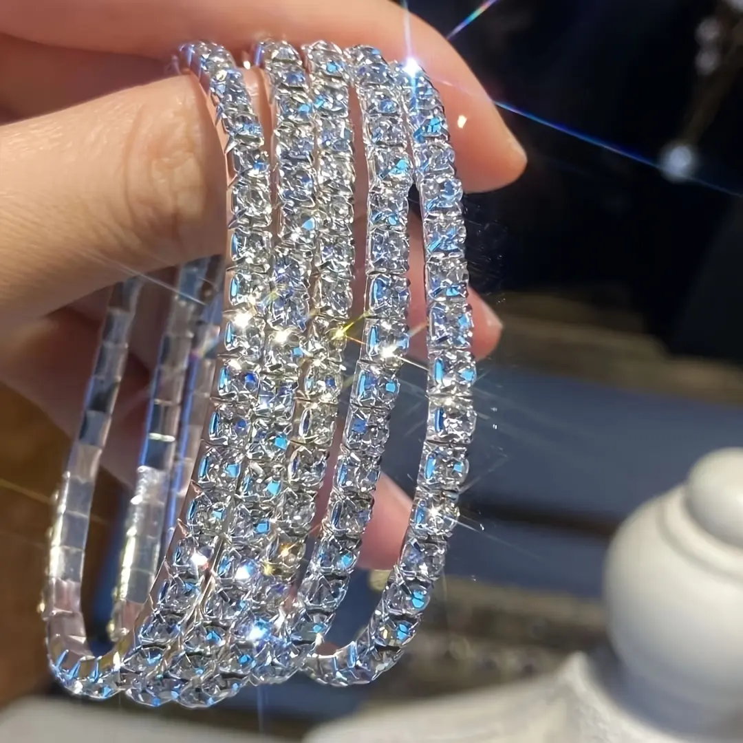 Women's 5-Piece Sparkling Rhinestone Stretch Bracelets - Bangle Shape, Adjustable Size, Luxury Look Party Wear Costume Jewelry Set