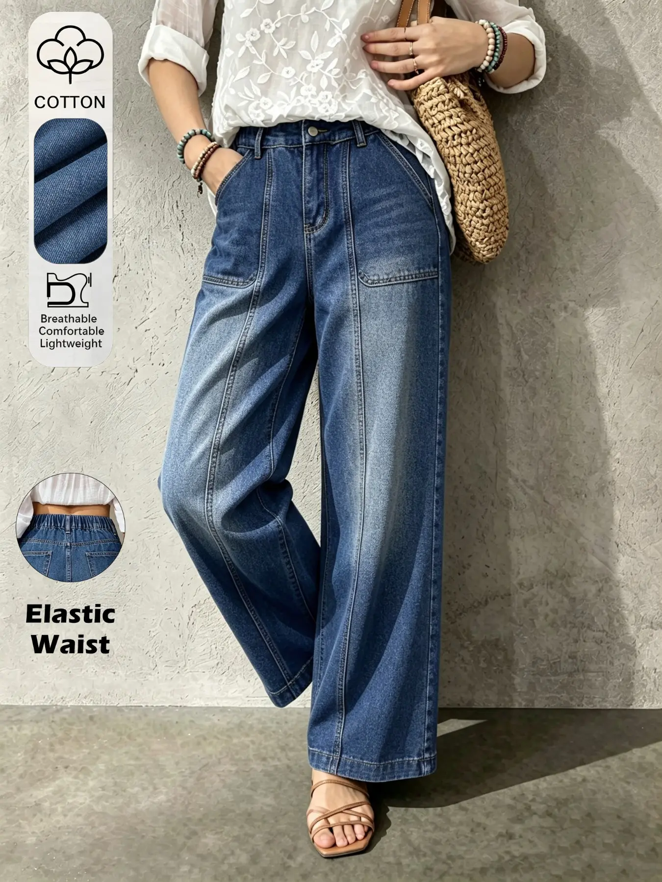 Women's Wide Leg Jeans Pants, Split Front Seam Design, Elastic Waist, Vintage Washed, Loose Fit, Floor Length, All Seasons