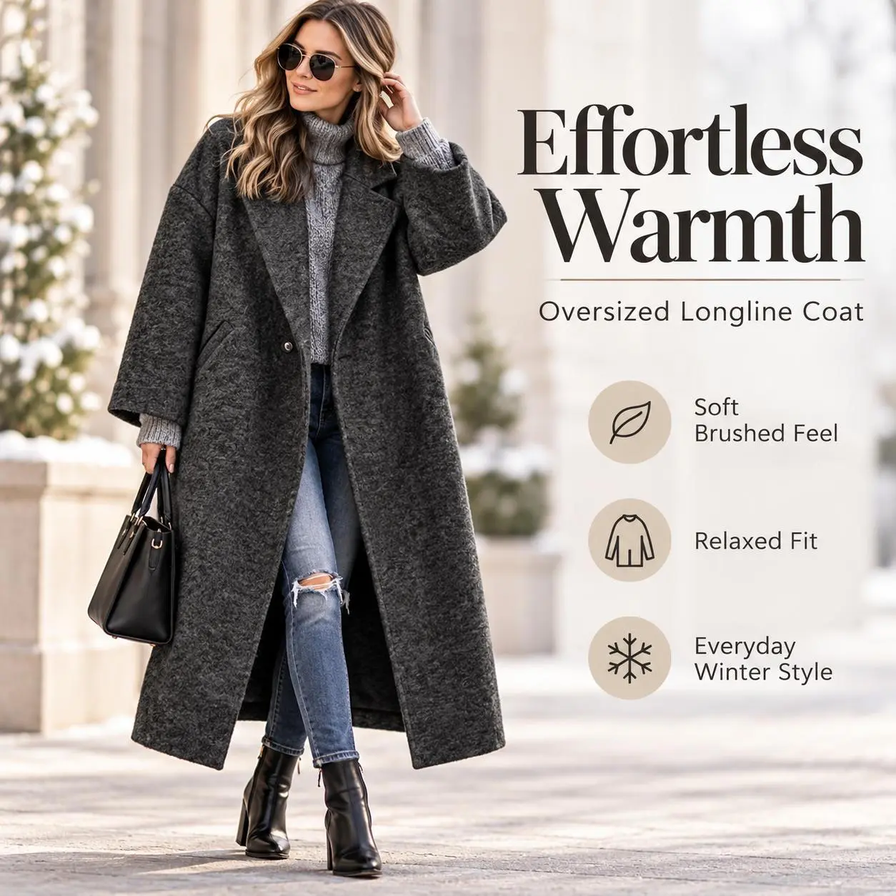 Women's Oversized Longline Coat, Classic Notched Lapel Single Button Winter Overcoat, Relaxed Fit Warm Layering Outerwear with Pockets, Casual Elegant Fall Winter Jacket for Work, Travel, Daily Wear, Charcoal & Khaki, S-3XL, Cozy Minimalist Style US.