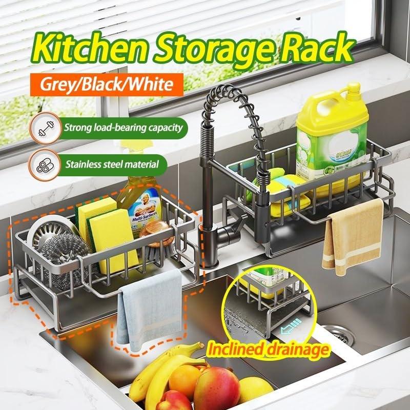 Heavy-Duty Carbon Steel Kitchen Sink Organizer with Self-Draining Rack & Sink-Mounted Sponge Holder - Space-Saving Multipurpose Countertop Storage Shelf for Dish Soap, Brushes, Rags & Dishcloths, Compact Sink Caddy Tray for Small Kitchens & Small Sink