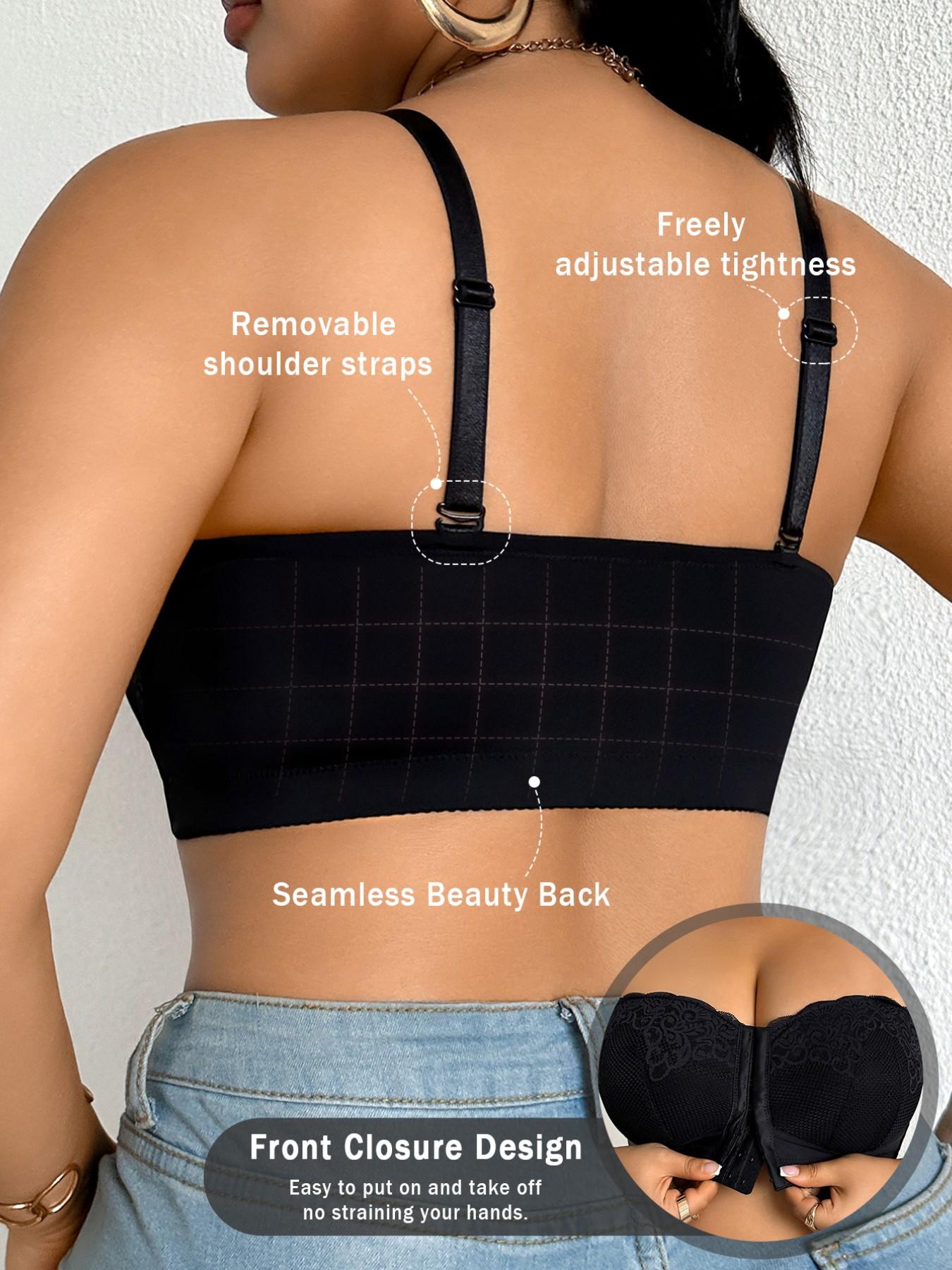 Plus-Size Women's Strapless Front-Closure Bra: Full-coverage, wire-free design offers comfort without pressure features detachable straps and is ideal for everyday wear.