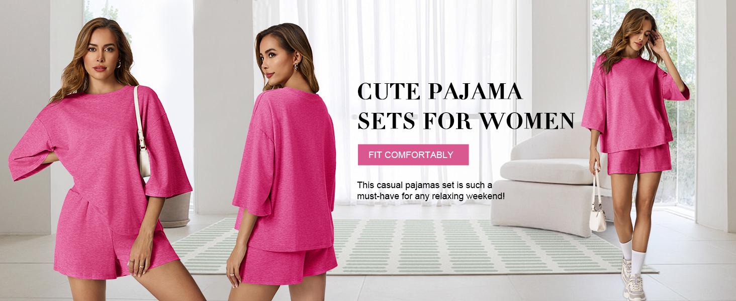 Imily Bela Womens 2 Piece Outfits 3/4 Sleeve Tops and Elastic Waist Shorts Lounge Sets Loungewea Womenswear Loungewear