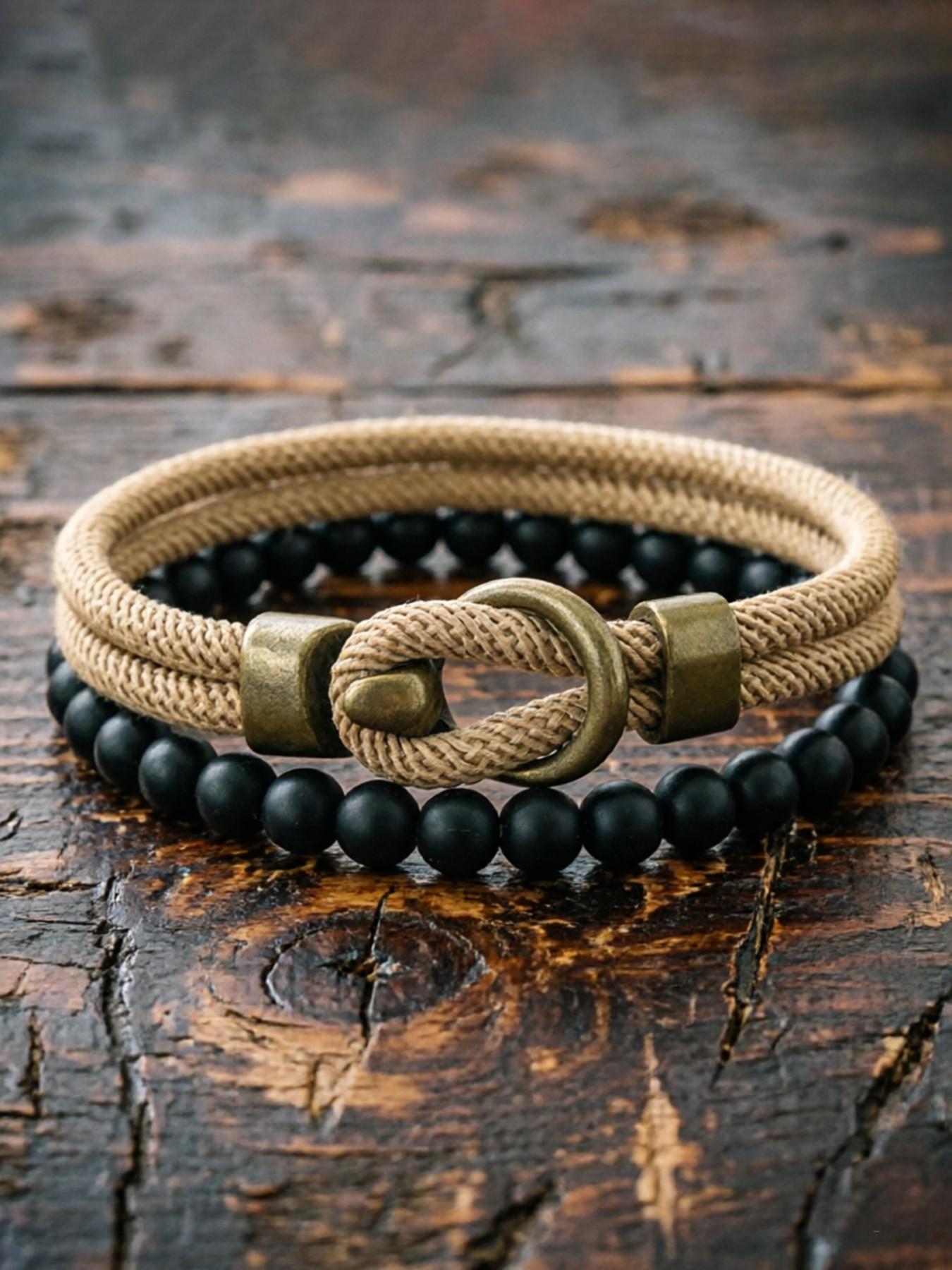 Men's Jewelry Set, Vintage Beaded Bracelet & Hand Rope, 2-Piece Men's Accessory Collection, Stylish Fashion Accessories