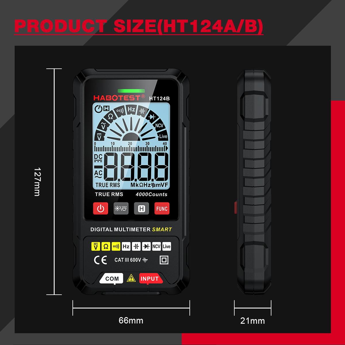 HABOTEST HT124B+ Smart Digital Multimeter 2.5-inch Color LCD Screen 600V AC/DC Voltmeter 4000 Counts True RMS Auto Ranging Voltage Meter NCV Live Wire Tester Resistance Capacitance Frequency Hz