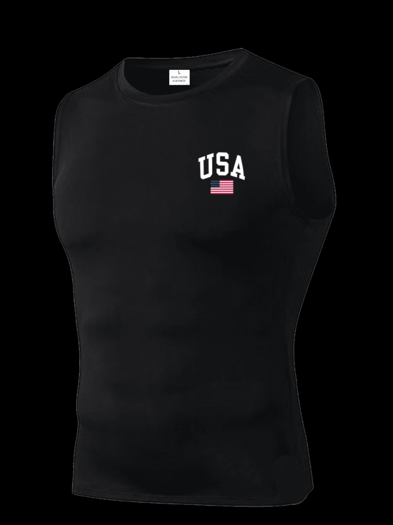 Men's Short Sleeve Sporty Slim-Fit Knitted Fabric, Usa Pattern Print, Breathable Moisture-Wicking, High Elasticity, Lightweight Design