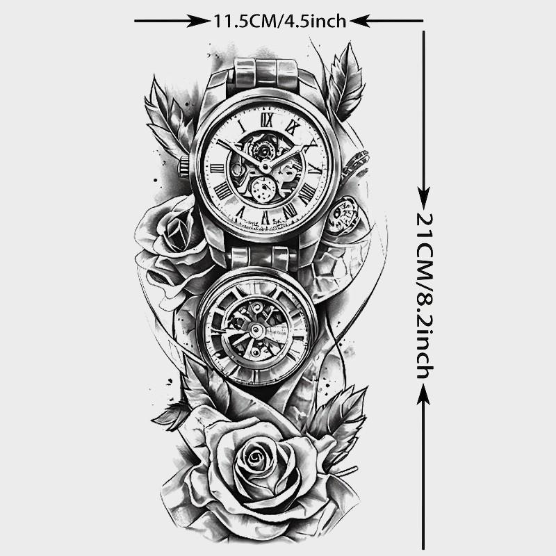 3 Piece Clock Flower Temporary Tattoos, Poker Eagle Clock Floral Design, Waterproof Realistic Fake Tattoo Stickers, Long-Lasting Body Art