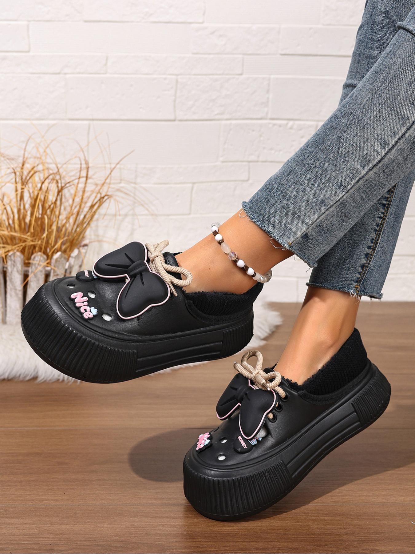 Women's Plus Size Winter Plush Fuzzy Warm Slippers, Indoor Cozy Silent Home Slippers with Cute Bowknot, Casual Shoes