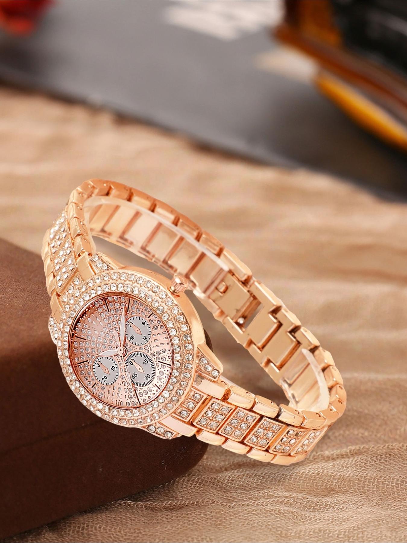 1/3counts Fashion Full Diamond Women's Watch Gold Steel Band Analog Quartz Watches