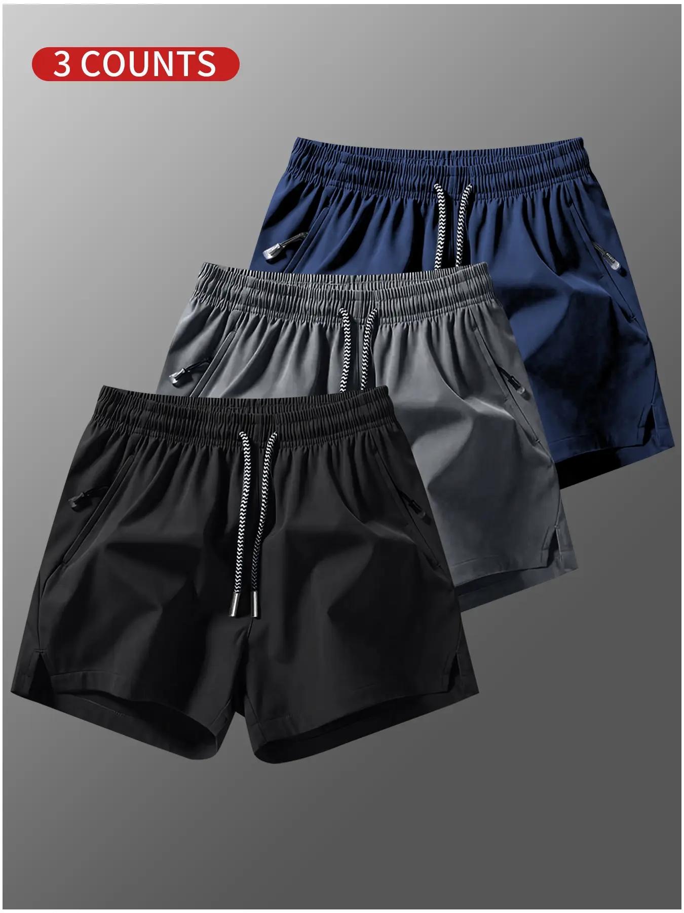 3-pack Men's Summer Workout Outdoor Sports Fitness Shorts,Plain Solid Color Drawstring Pocket Shorts, Mens Clothing, Athleisure Casual Elastic Waist Pockets Shorts for Summer Breathable Men's Athletic Bottoms for Daily Wear,Summer Shorts SpringStatements