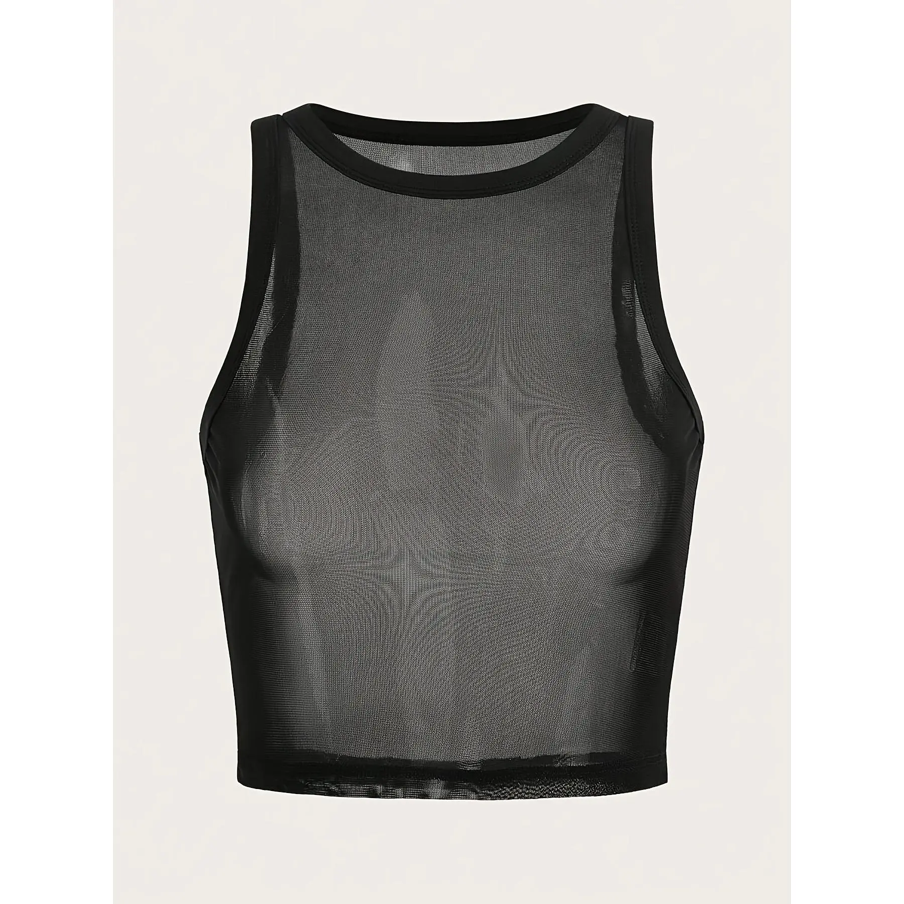 Black Mesh Sleeveless Cropped Midriff Top, Slim-Fit Streetwear Vest, Versatile Daily Wear And Office Base Layer for Women