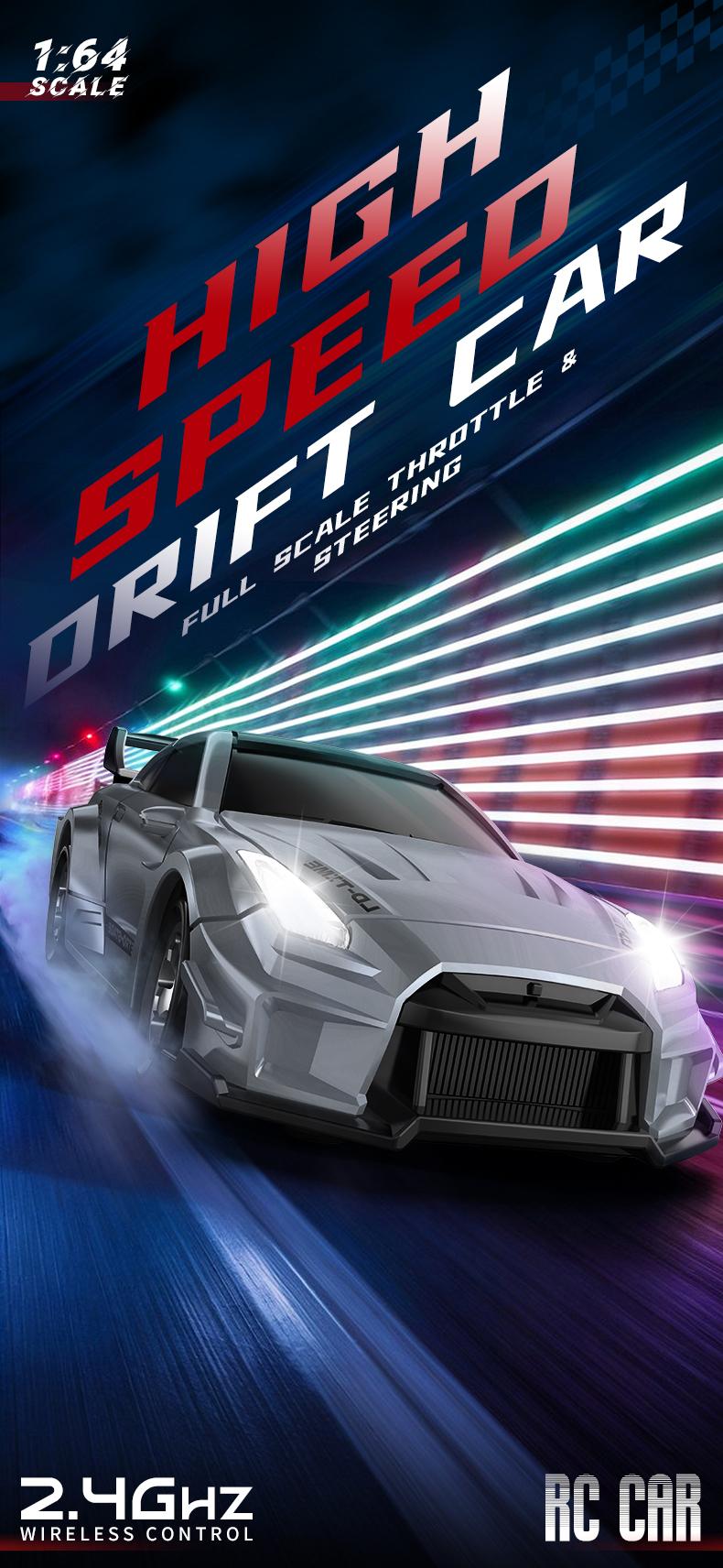 1:64 Mini RC Drift Car 4WD High Speed Remote Control Car, 2 Rechargeable Batteries Long Playtime, 2.4GHz Anti-Interference, LED Lights Drifting Tires for Kids & Adults