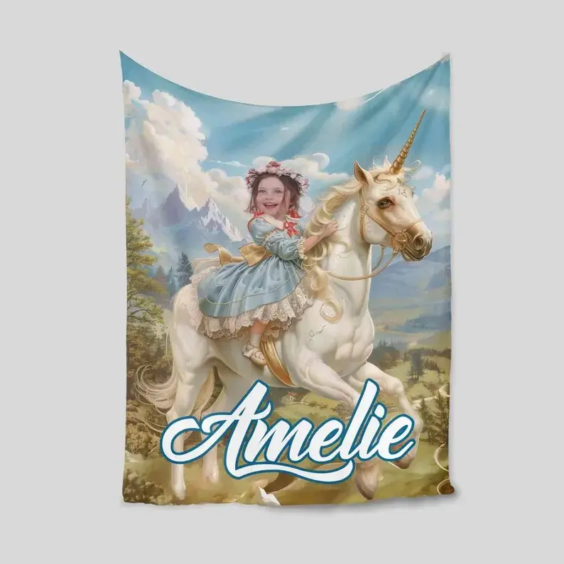 Customized Kids Princess Photo Blanket, Kids Face Blanket, Princess Riding Unicorn Blanket, Custom Princess Blanket For Girls