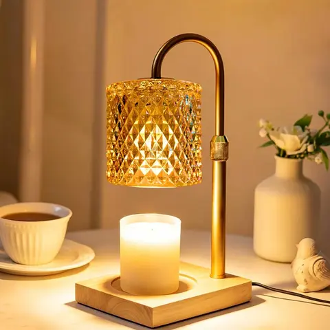Luxury Gold Glass Warming Flameless Candle Warmer with Lights - Gold Holder, Adjustable Height, Natural Wood Base, Timer, Decor, Greeting Card Gift Idea for Mom (1-2 Scenarios: Birthday, Holiday)