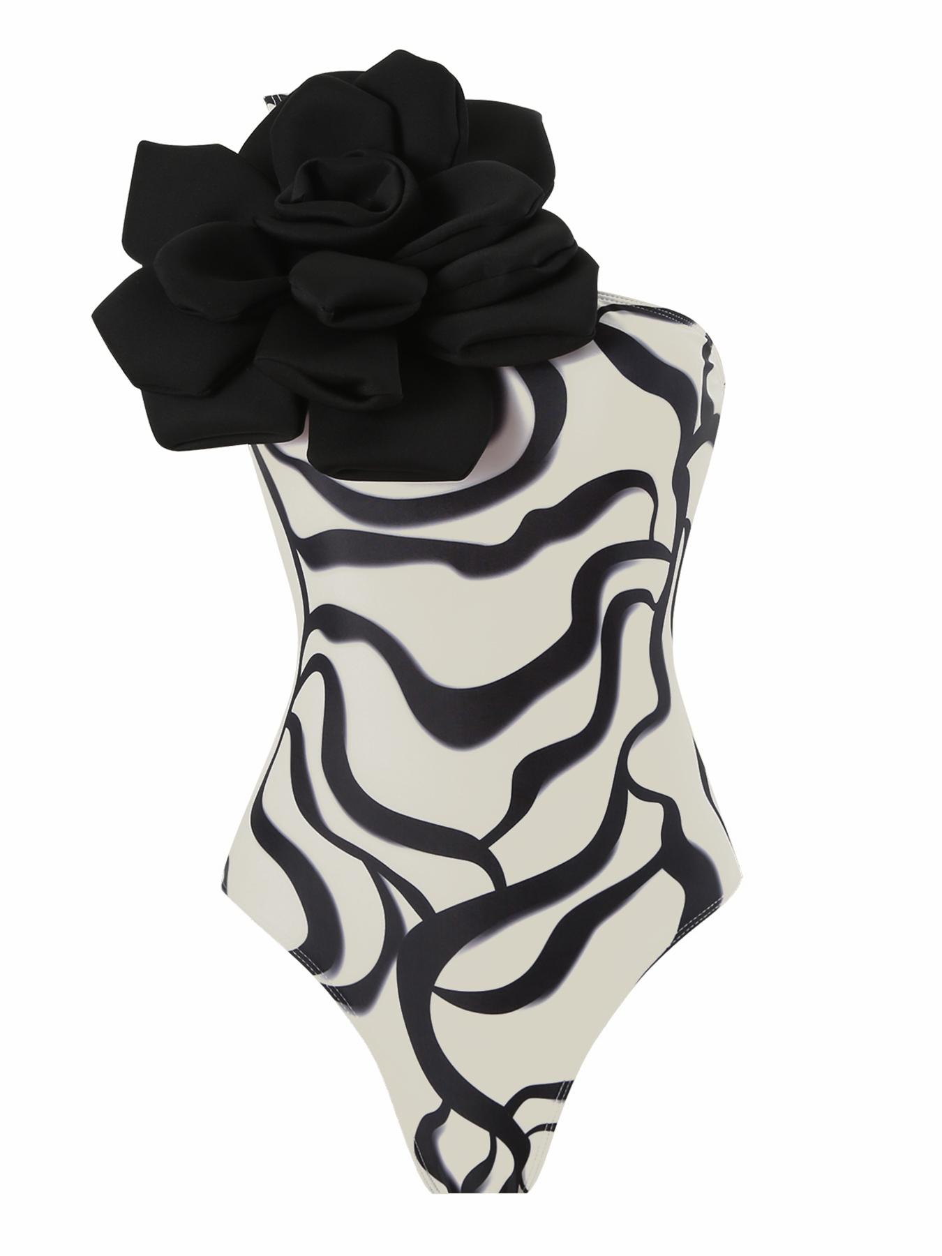 Women's Flower Decor One Shoulder One Piece Swimsuit & Skirt Set, Appliques Striped Print One Piece Swimsuit & Flared Skirt, Two Piece Outfits for Summer Beach Holiday Vacation, Swimsuit Cover Ups