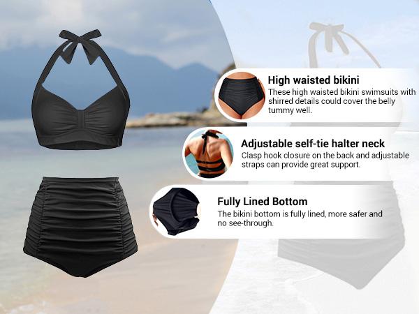 Holipick Women High Waisted Bikini Set Two Piece Tummy Control Swimsuit Halter Top with Bottom Bathing Suit Plus Size Swimsuit for Women Vintage Swimwear Ruffle Swimsuits