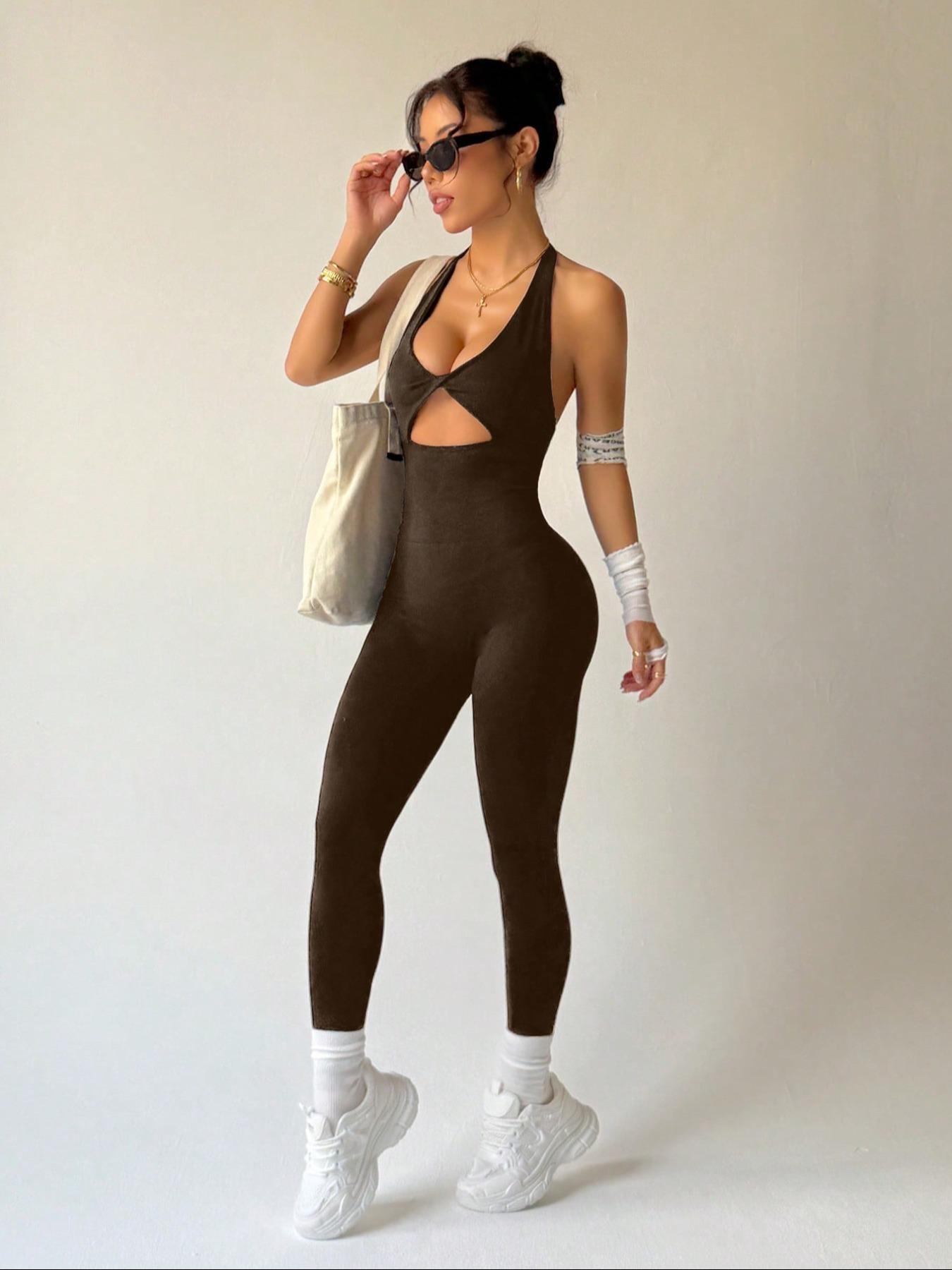 Women's Sexy Backless Halter Jumpsuit, High Elastic Breathable Fabric Jumpsuit, Removable Chest Pad, Stylish Activewear for Fitness, Sporty Jumpsuit, Ruched Sports Jumpsuit, Sporty Comfy Jumpsuit