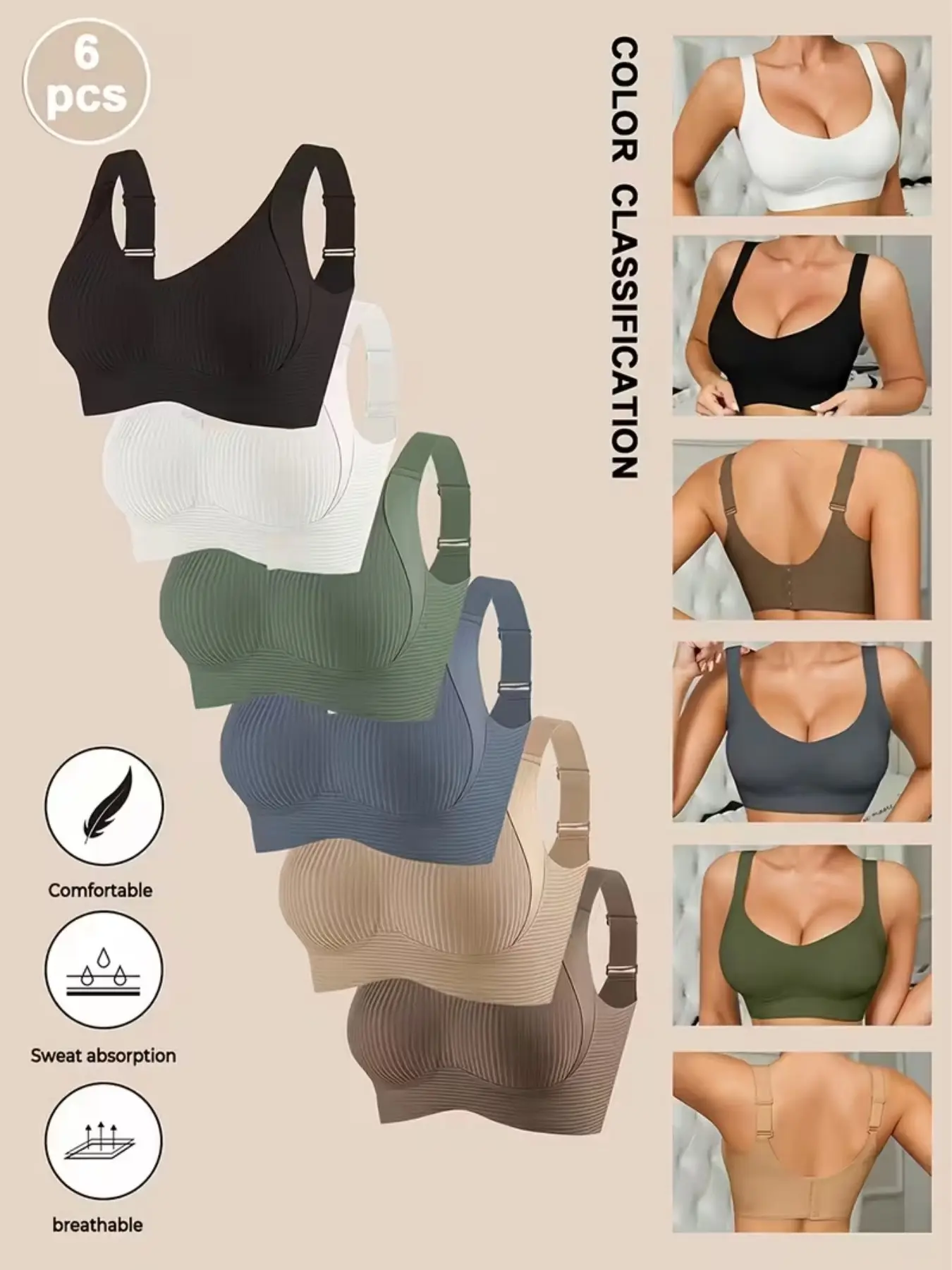 6-Pack Women's Seamless Padded Sports Bras, Casual V-Neck Backless Bra, Removable Pads, High Stretch, Comfortable for Daily Wear & Yoga