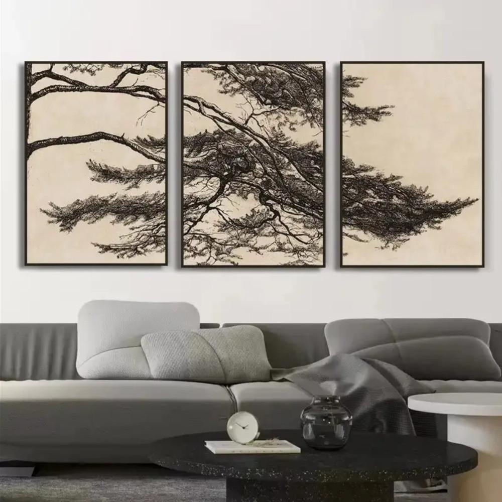 3-Piece Optional Wooden Frame Vintage Pine Tree Branch Botanical Art Poster High Grammage Moisture-proof Micro-spray Flat Surface No Color Difference Home Wall Decor