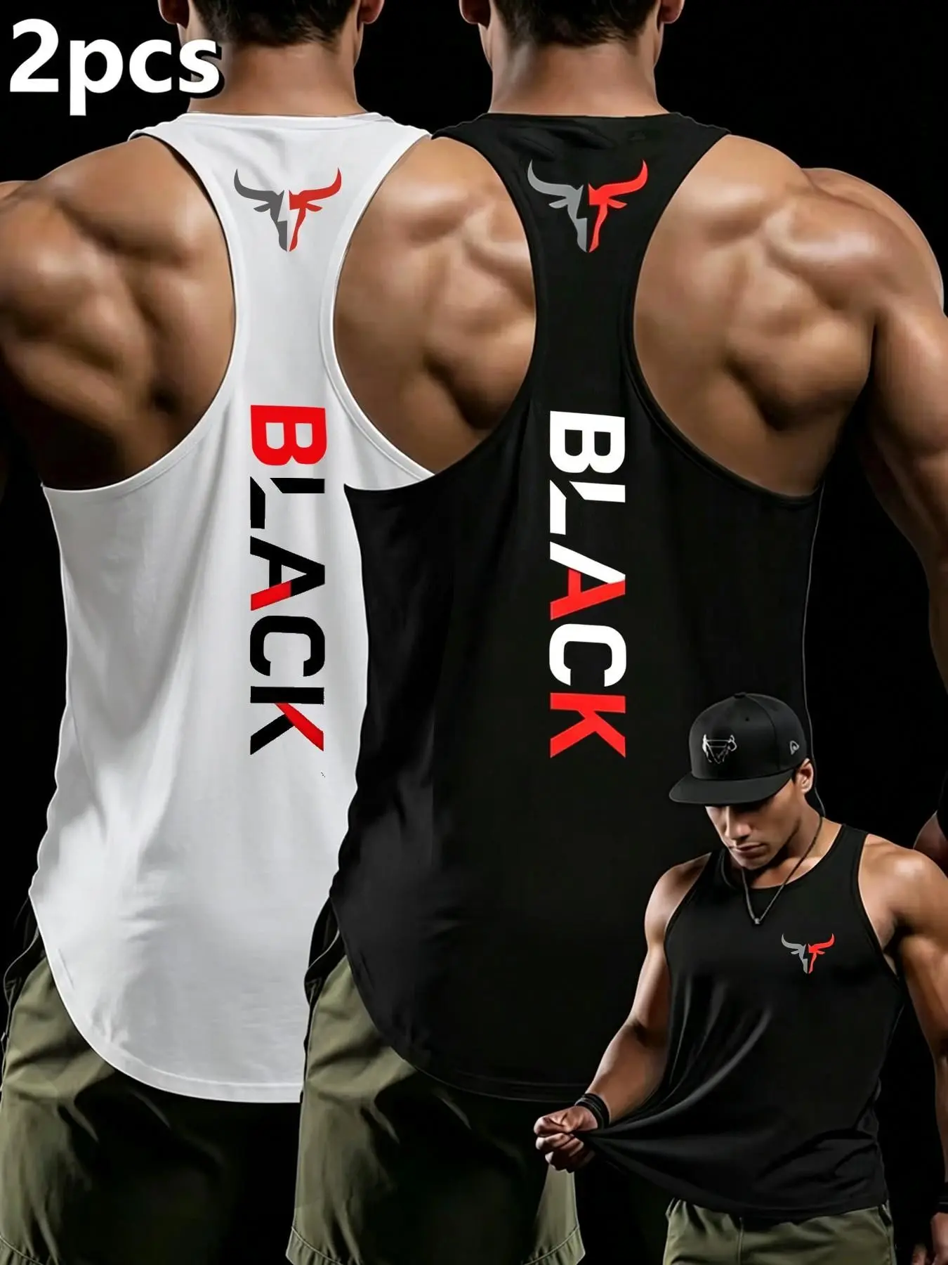 2Pcs Men Gym Stringer Tank Tops, Bull Head Graphic & Letter Print, Breathable Sleeveless Workout Shirts, Muscle Cut Bodybuilding Vest For Training Fitness #GymTankTop #Bodybuilding #FitnessApparel #WorkoutClothes #MensGymWear