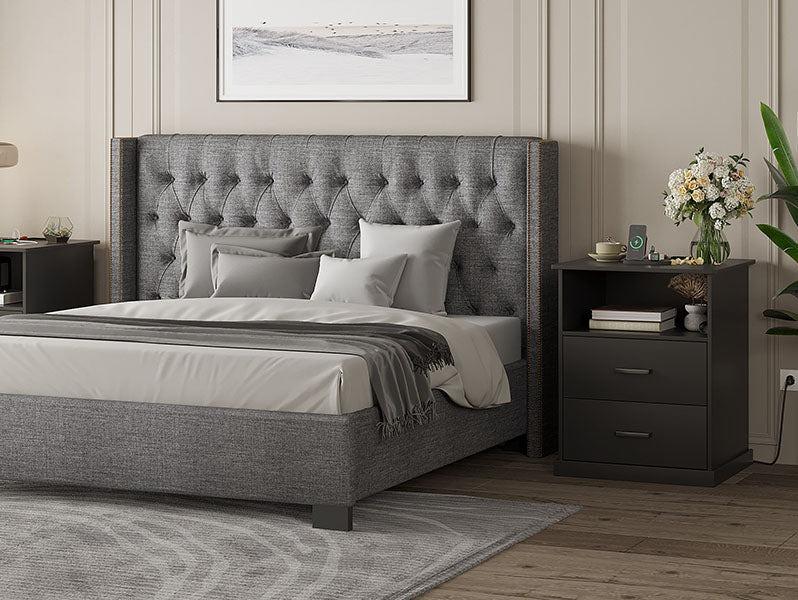 Sikaic Nightstand With Charging Station 2 Storage Drawer And Open Cubby Smart Nightstand Furniture Table