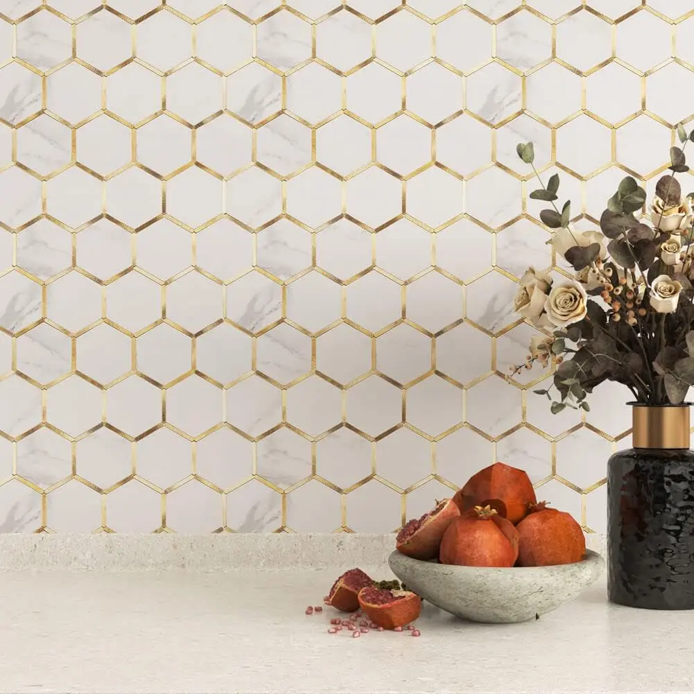 Peel and Stick White  Marble Hexagon Backsplash Tile, 1-Pack | Faux Marble Veins with PVC  Metal, Stick  Backsplash for Kitchen and Bathroom,Self Adhesive Wall Tiles