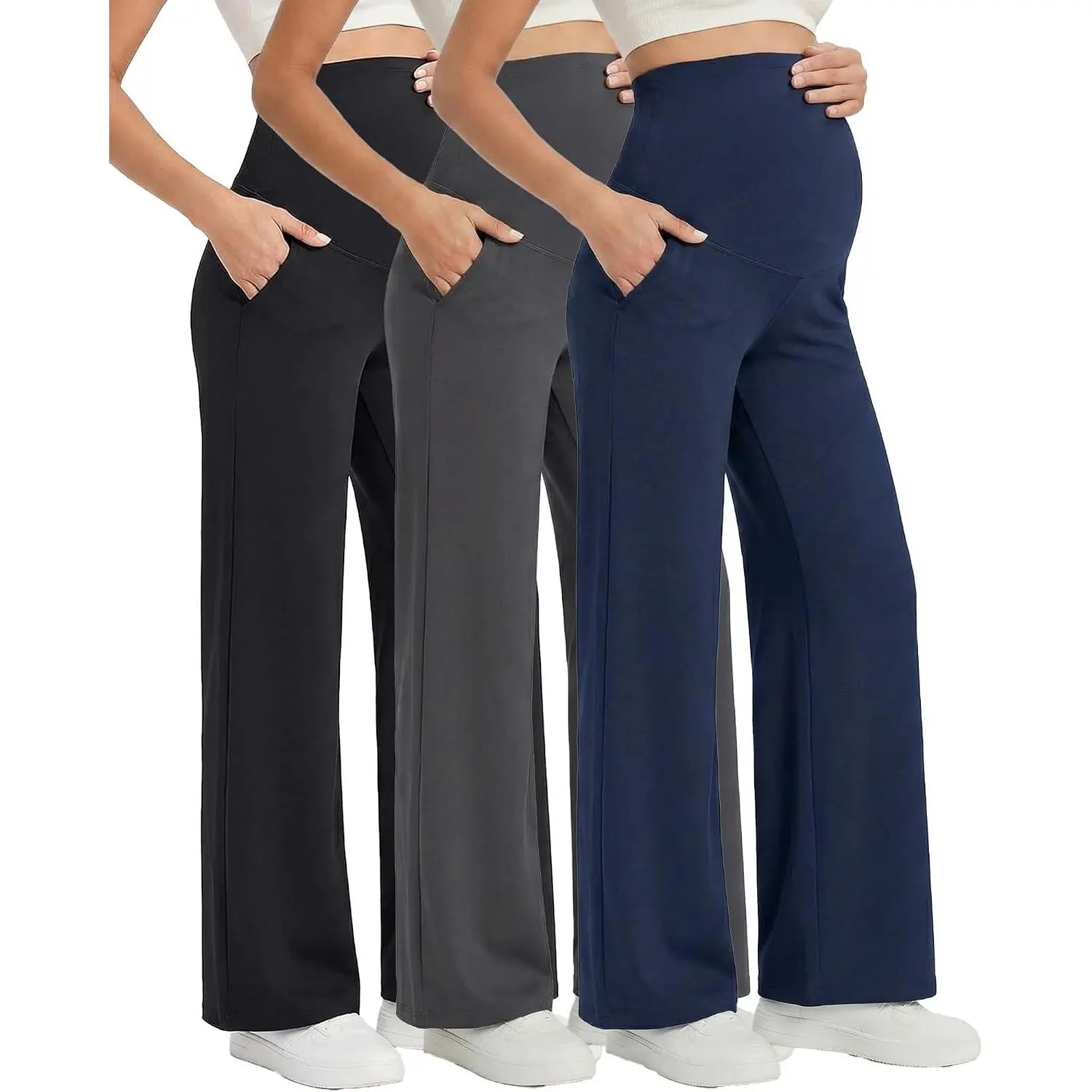 3 Pack Womens Maternity Work Pants Over Belly Dress Pants Stretch Pregnancy Straight Wide Leg Yoga Leggings with Pocket