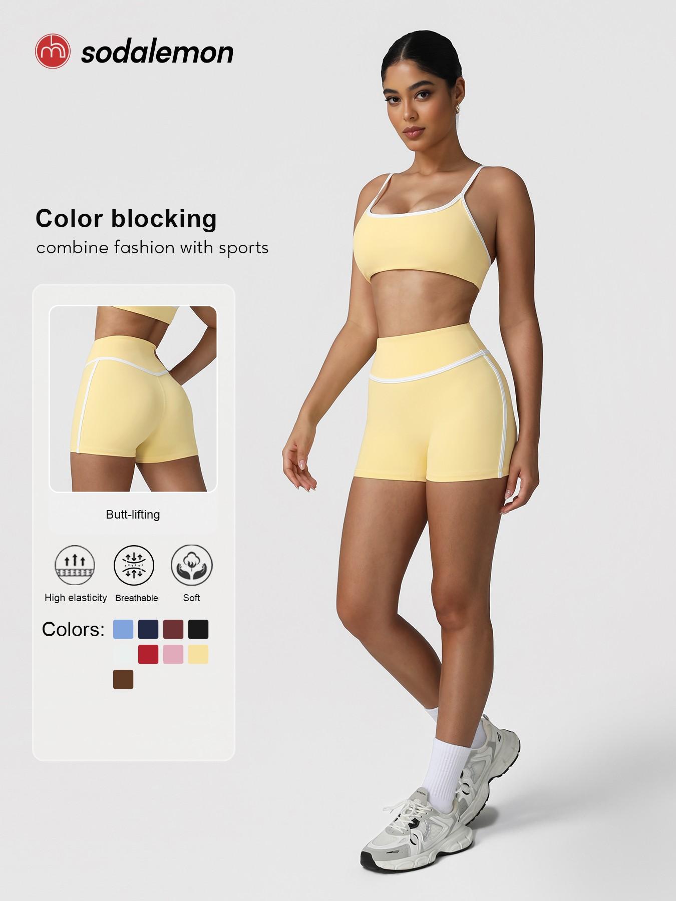 Sodalemon Two-Piece Set Women's Solid Crop Sports Bra & High Waist Skinny Shorts Tracksuit Set, Breathable Comfortable Sports Outfits for Yoga Gym Workout Running, Ladies Sportswear for All Seasons