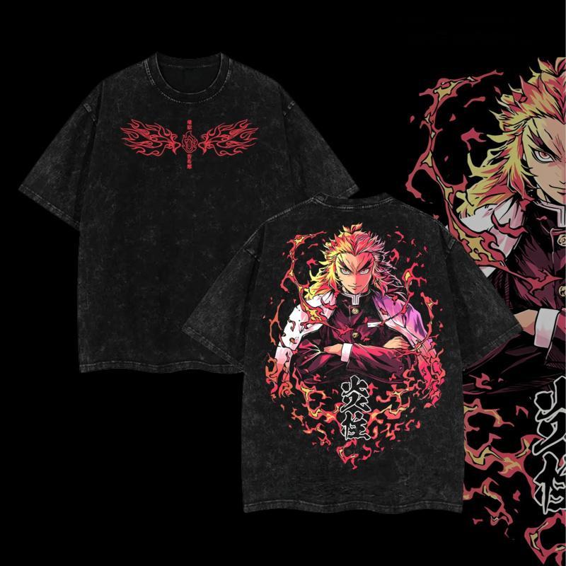 Demon Slayer Collection Double-Printed Washed T-Shirt – Demon Slayer Featuring Kyojuro Rengoku,Vintage Oversized Heavyweight Cotton Anime Tee, Unisex Manga Streetwear Top for Men Women, Retro Anime Graphic Shirt, Casual Daily Wear