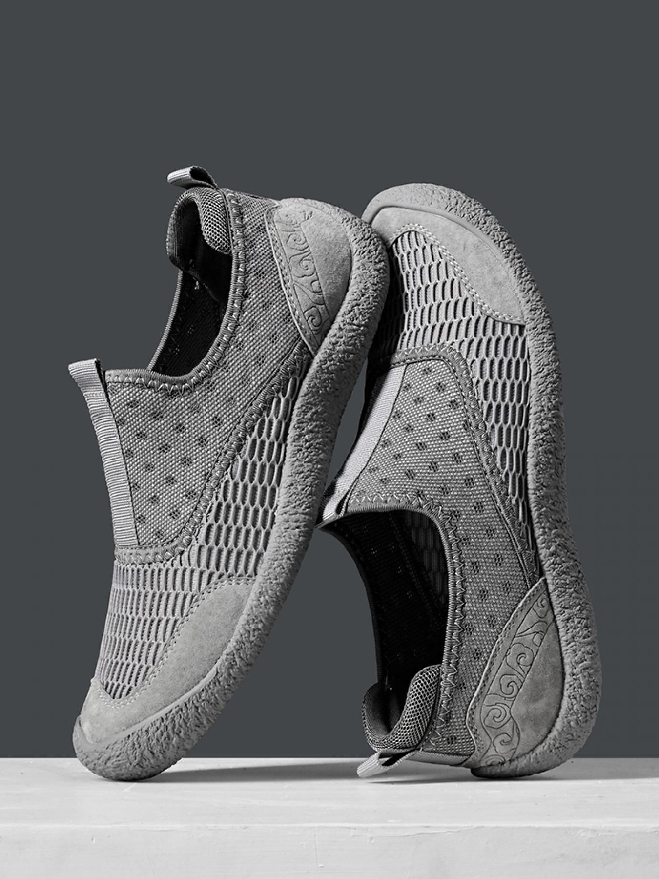 Men's Solid Color Mesh Breathable Slip-On Loafers, Soft Sole Anti-Slip Hand-Stitched Walking Shoes, Lightweight Casual Dad Shoes