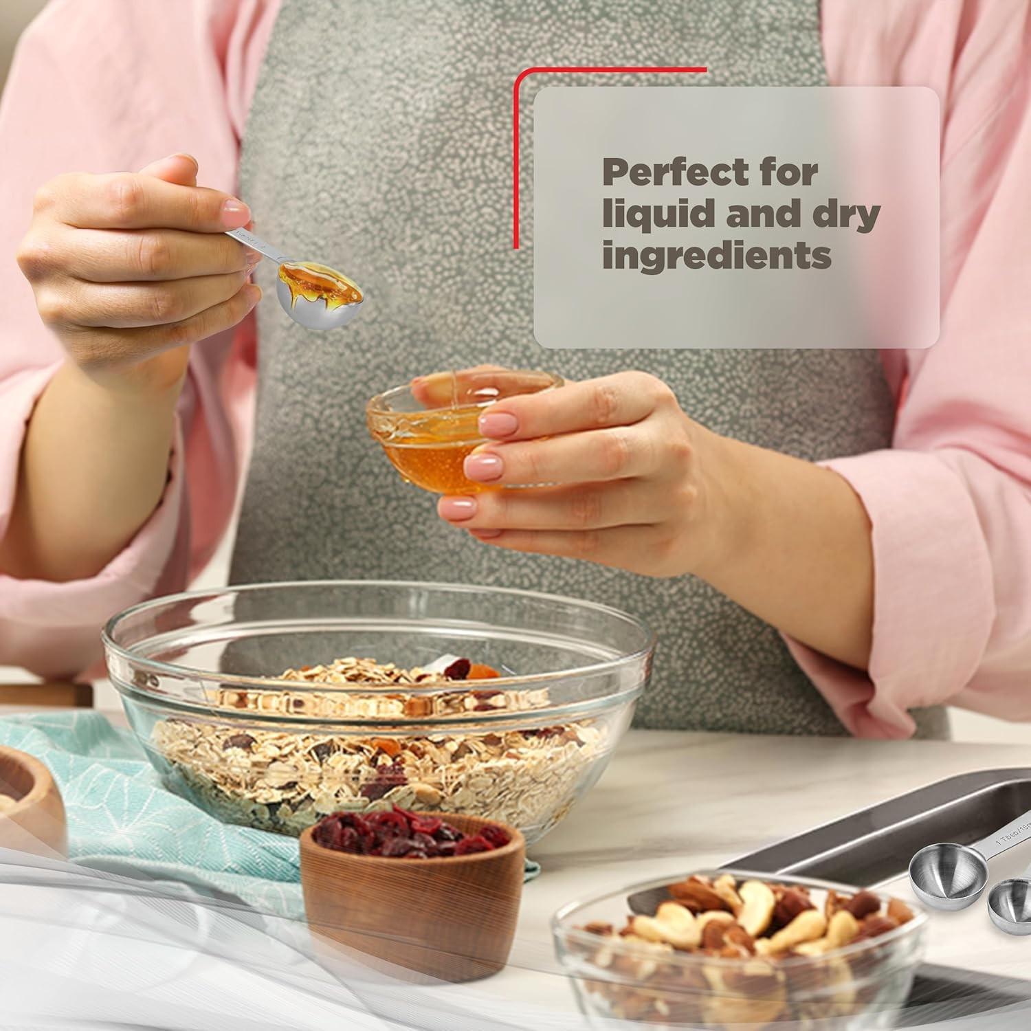 6 Piece Stainless Steel Measuring Spoons Set, Us and Metric Units, Detachable Ring, Dishwasher Safe, Includes 1tbsp, 1tsp, 1/2tbsp, 1/2tsp, 1/4tsp, 1/8tsp.Simplify your kitchen routine with measuring spoons that are dishwasher safe and quick to clean