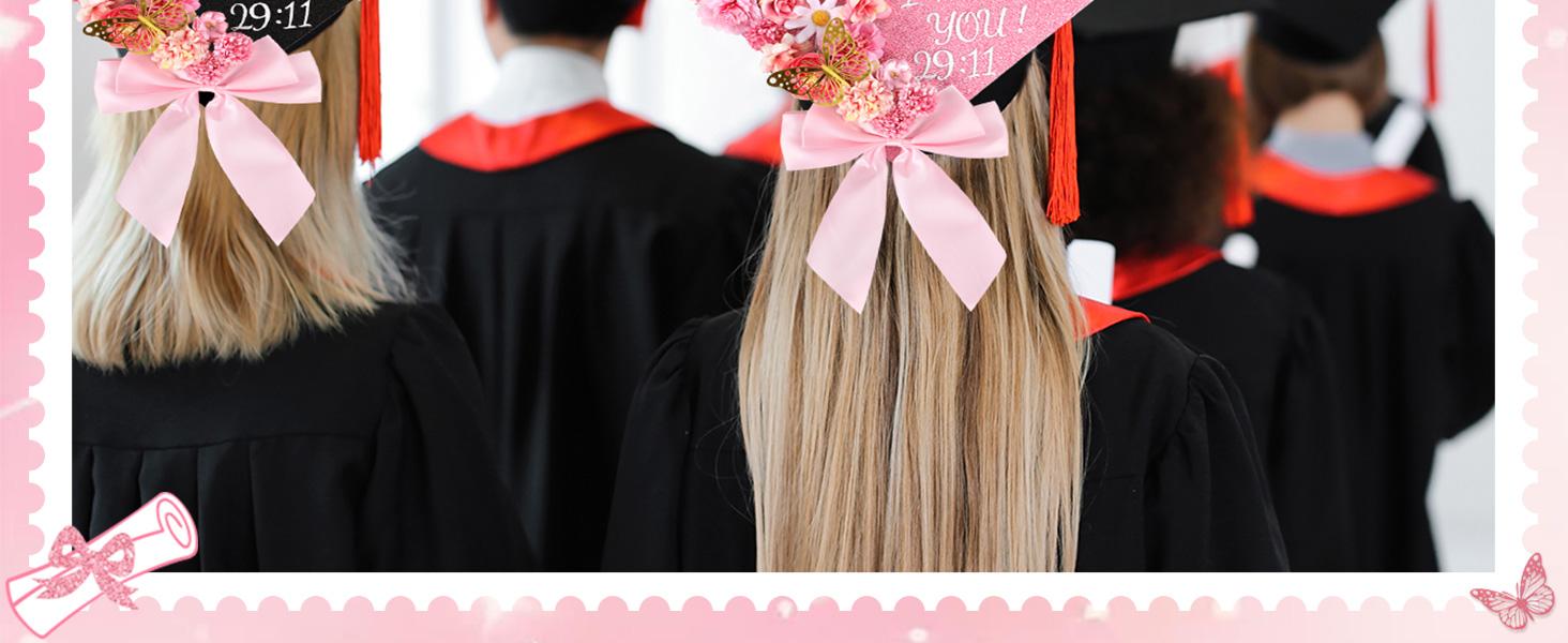 55 Pcs Pink DIY Graduation Cap Decorations Faux Assorted Flowers Pink Bows 3D Butterfly Stickers Glitter Alphabet Letter Number Decals for DIY Hat Grad Cap Topper Graduation Party Supplies