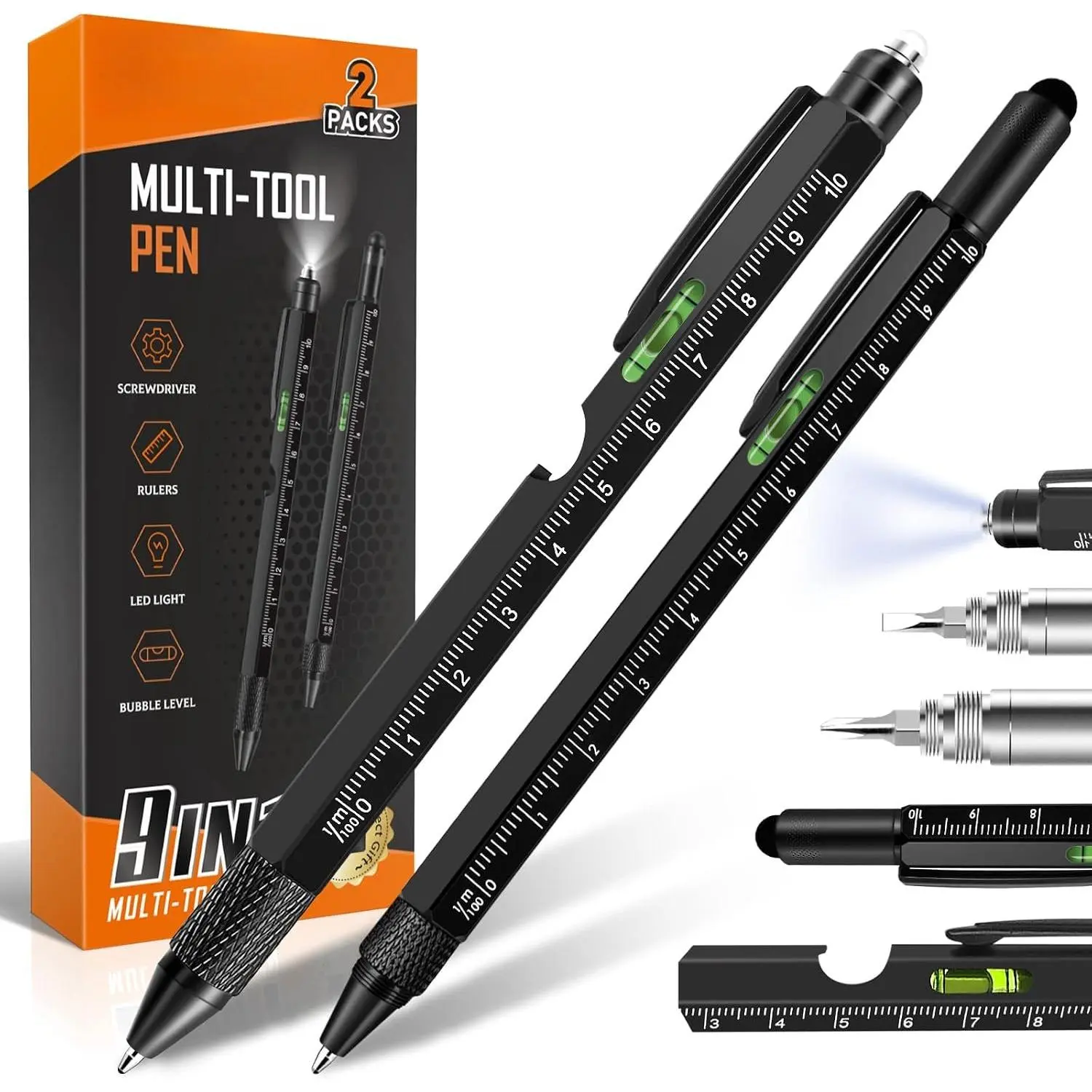 9-in-1 Multifunctional Tool Pen Set (2-Count, 9+6 Pack) with Ink Refills, Compact Office Stationery Tool Kit Set, Gifts for Men Dad, Birthday Christmas Stocking Stuffers