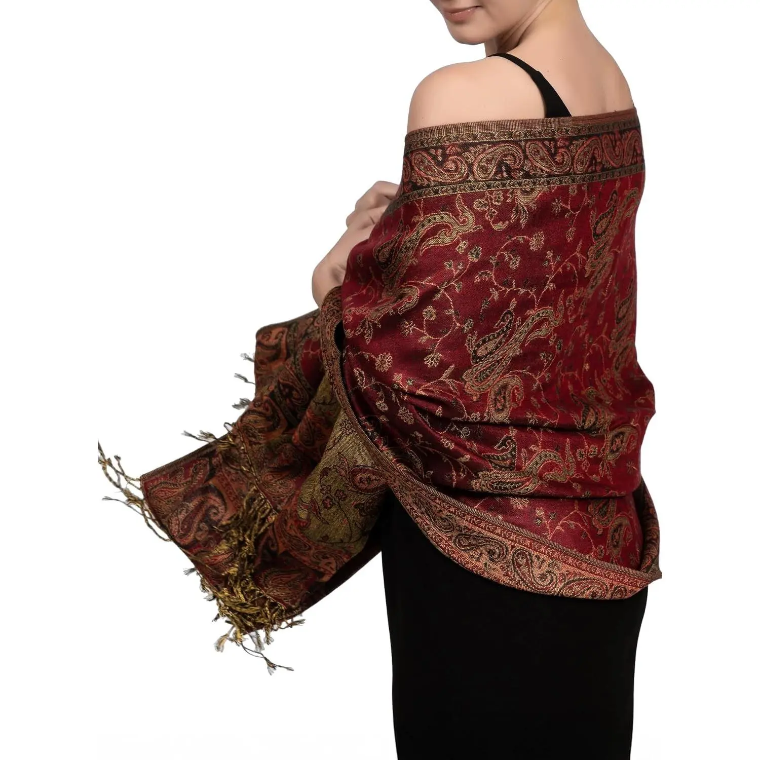 Reversible Paisley Pashmina Rave Scarf - Exotic Indian Shawls and Wraps for Evening Dresses, Festivals, All Seasons