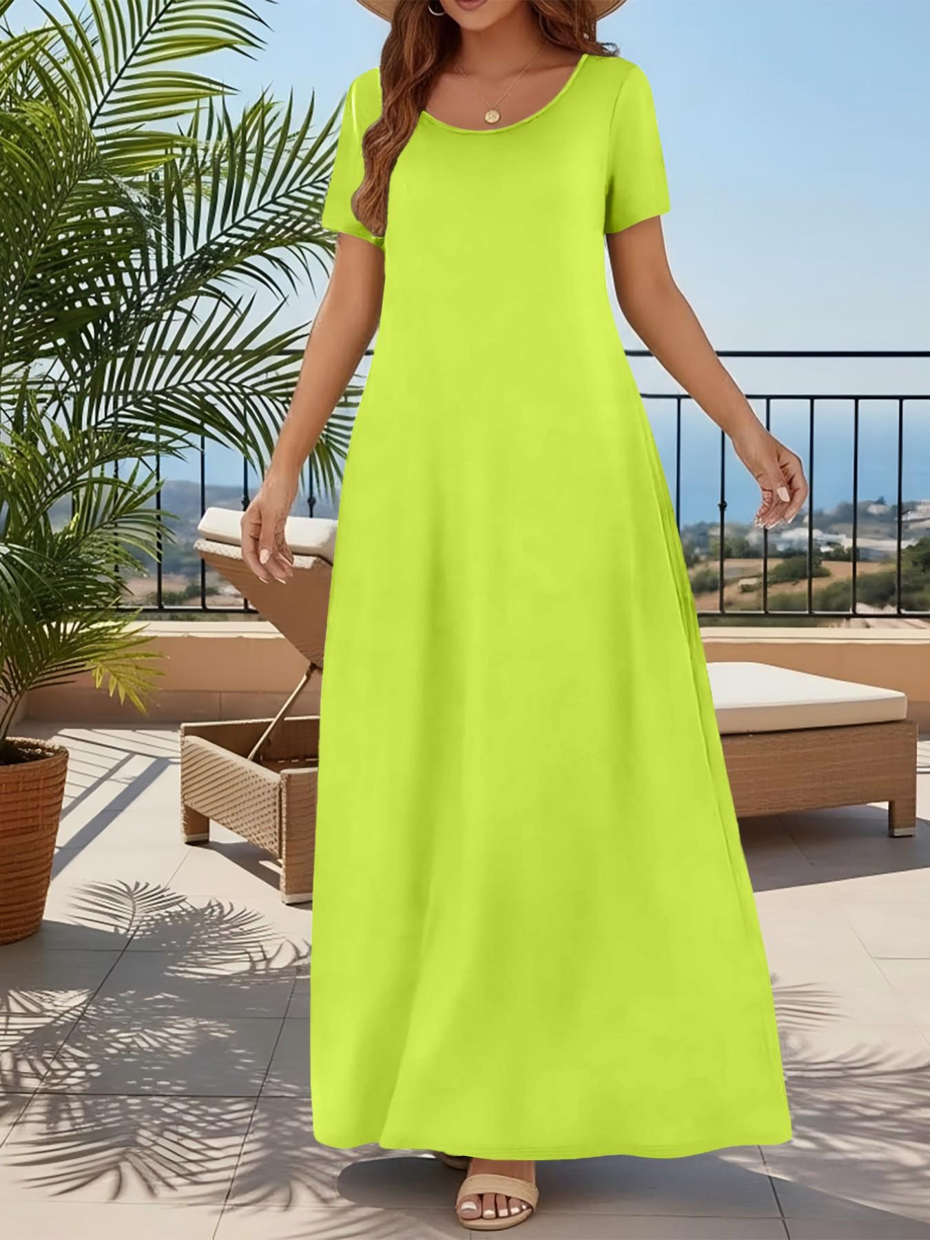 Women's Casual Commuter Plain Minimalist Short Sleeve Dress with Pockets, Loose Fit Summer & Fall, Essential Beachwear